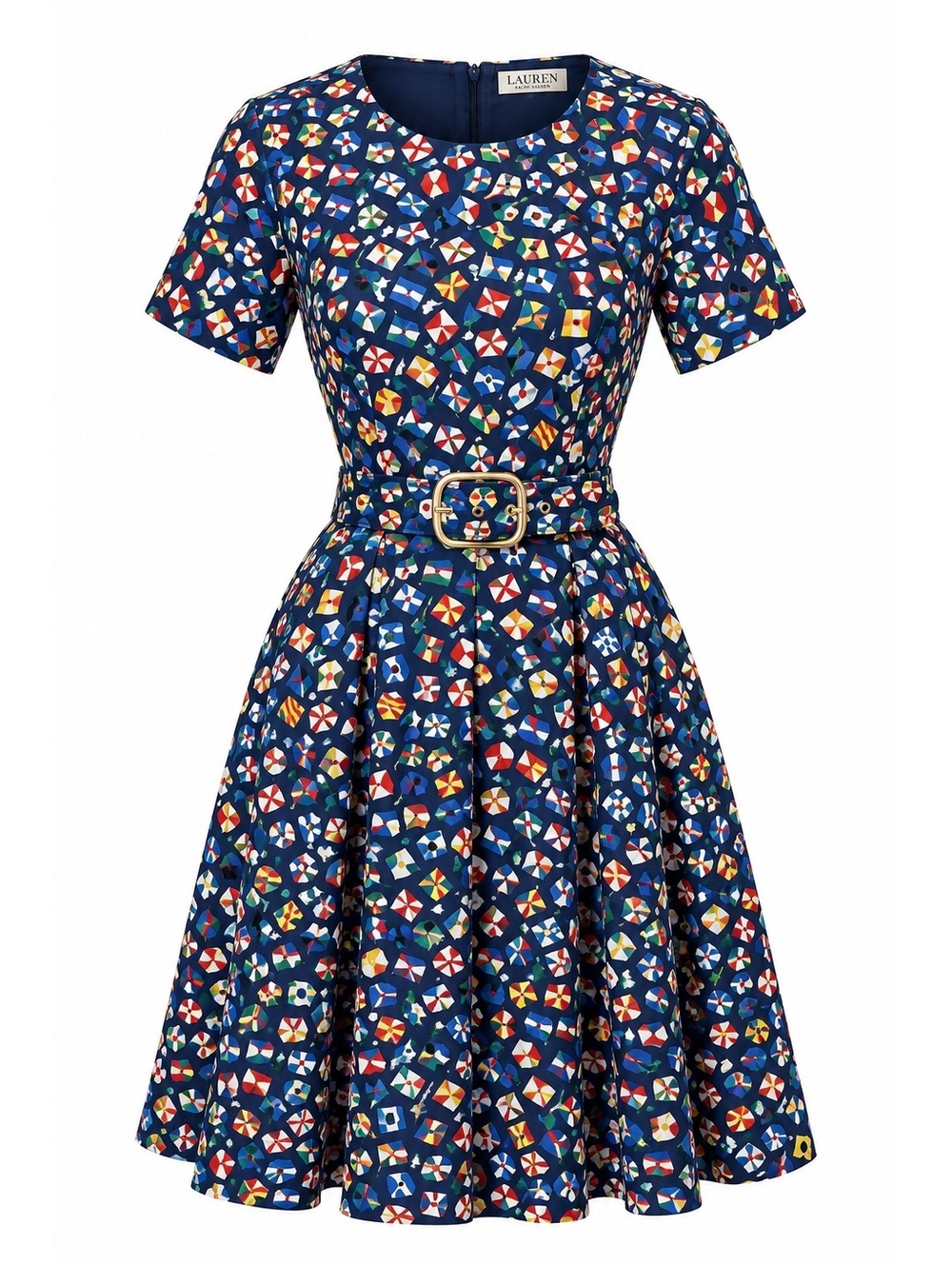 Tanner Vintage Multicolor Flag Print Belted Dress